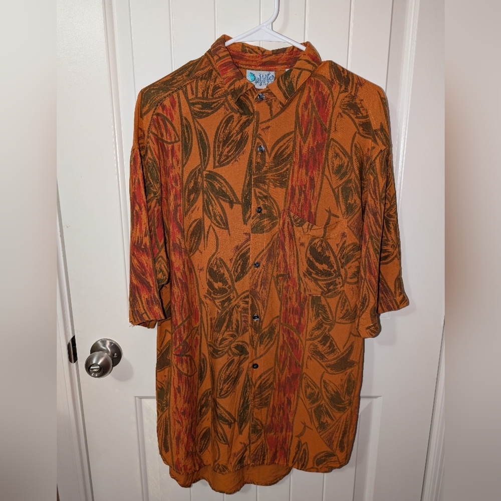 Vintage Axle By K Yoshio Men's Button Up Shirt Medium Tropical Design Orange